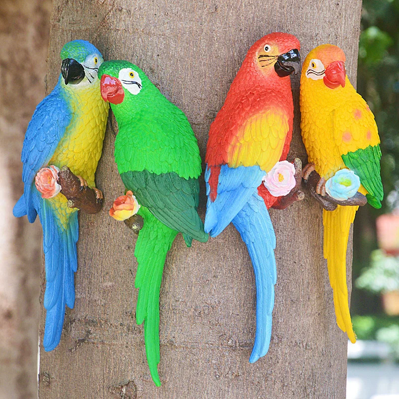 Simulation Parrot Ornament Scarlet Macaw Model Wall Mounted Tree Hanging Resin Statue Craft DIY Garden Outdoor Home Decoration