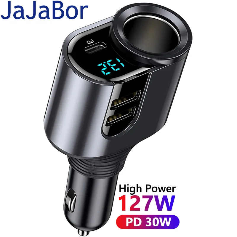 

JaJaBor Car Charger Cigarete Lighter Adapter Voltage Detection Type C PD 30W Dual USB Fast Charging 127W 4 In 1 Power Adapter