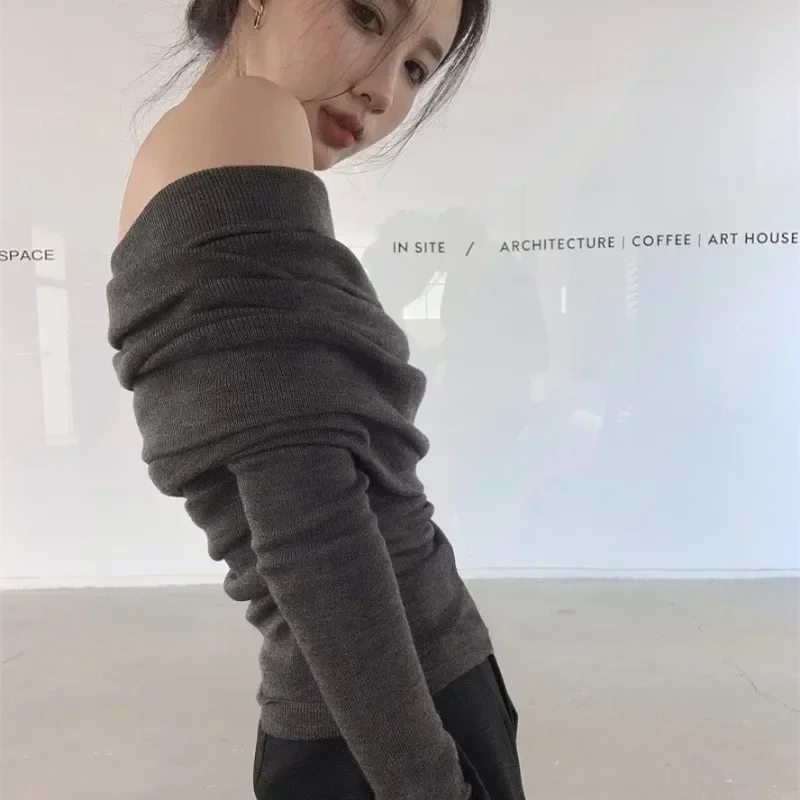 French Slash Neck Pullovers Women Tender Slim Design Hot Girls Sexy Off-shoulder Knitwear Fashion Solid All-match Casual Autumn