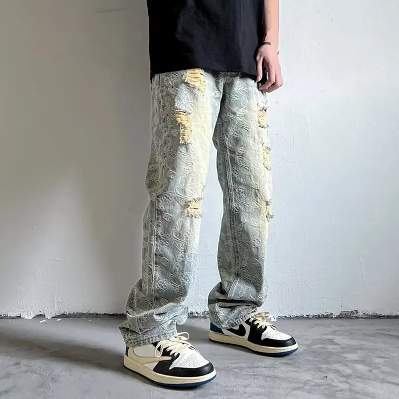 CUMUKKIYPCasual Broken Hole Jeans Male Hiphop Water Washed Old-fashioned Retro Waist Flower Straight Leg Trousers Streetwear Men