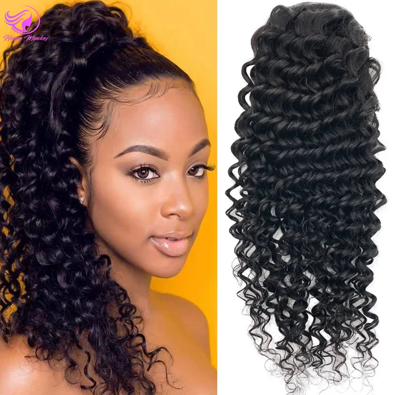 Water Wave Ponytail Human Hair Extensions Remy Corn Wave Drawstring Ponytail Hair Extensions Pony Tail Clip In Hair For Women