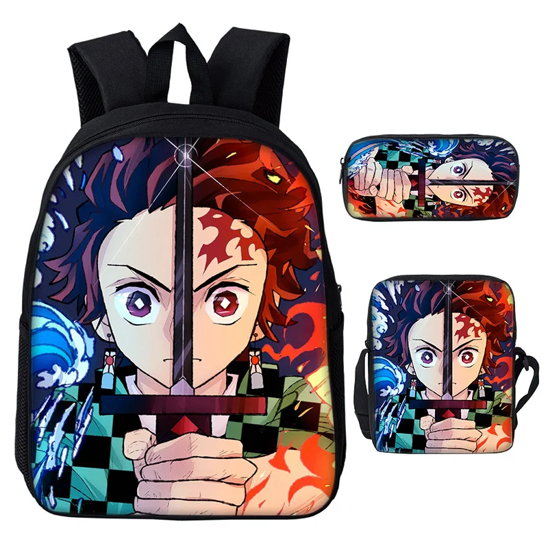 Anime Demon Slayer Plecak Chłopcy Dziewczynki 3-częściowy zestaw tornistrów Studenci Bookbag Torby na ramię Torba na długopisy Tornister szkolny Mochila