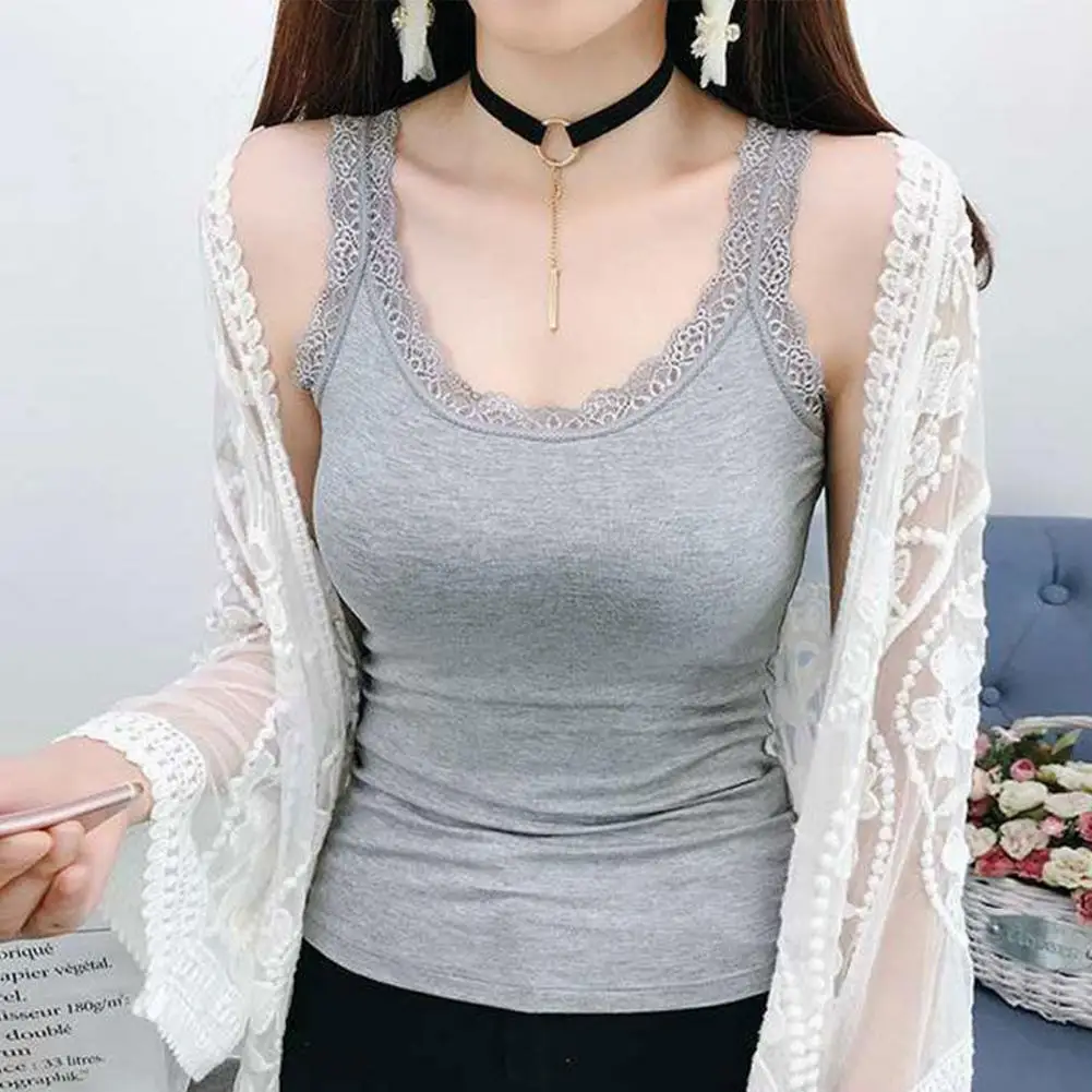 

Women Lace Trim Cami Tops, Summer Vest, U-Neck, Sleeveless, Slim Fit Tank Tops, Solid Color, Lace Trimmed Camisole, Streetwear