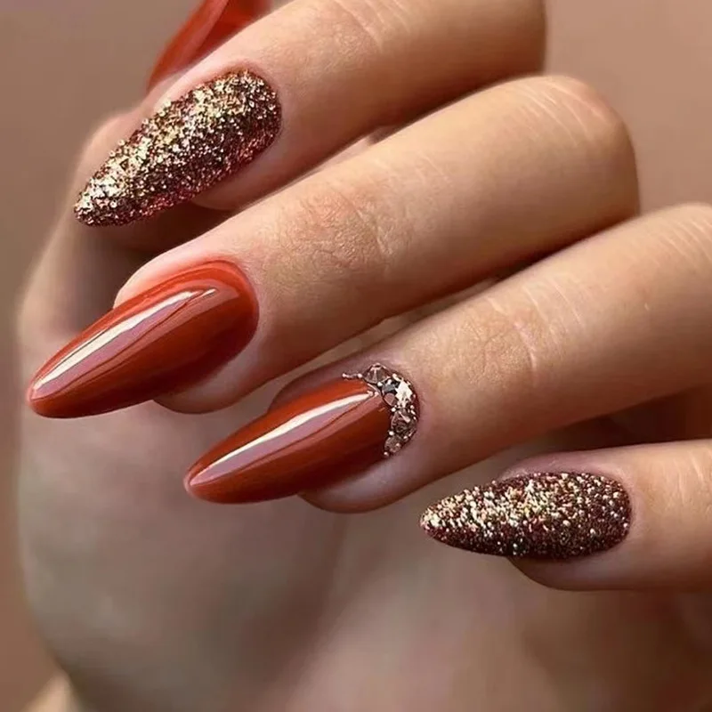 24Pcs Almond Fake Nail with Leaves Design Simple Brown False Nails Wearable French Oval Press on Nails Reusable Stiletto Nails