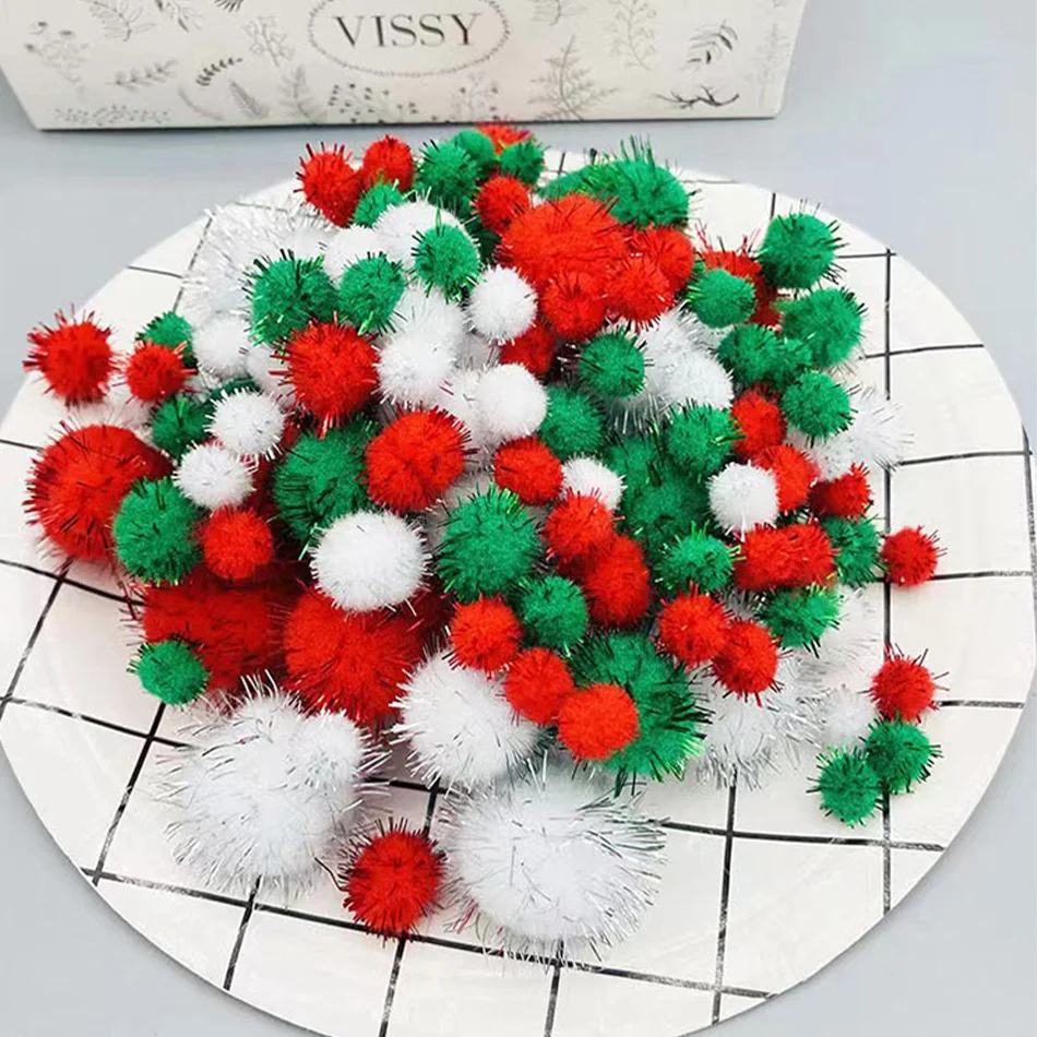 10/20/30 MM Glitter Pompom Fluffy Plush Christmas Decoration Gold Wire Flash Plush Ball Handmade Children\'s DIY Materials 100PCS