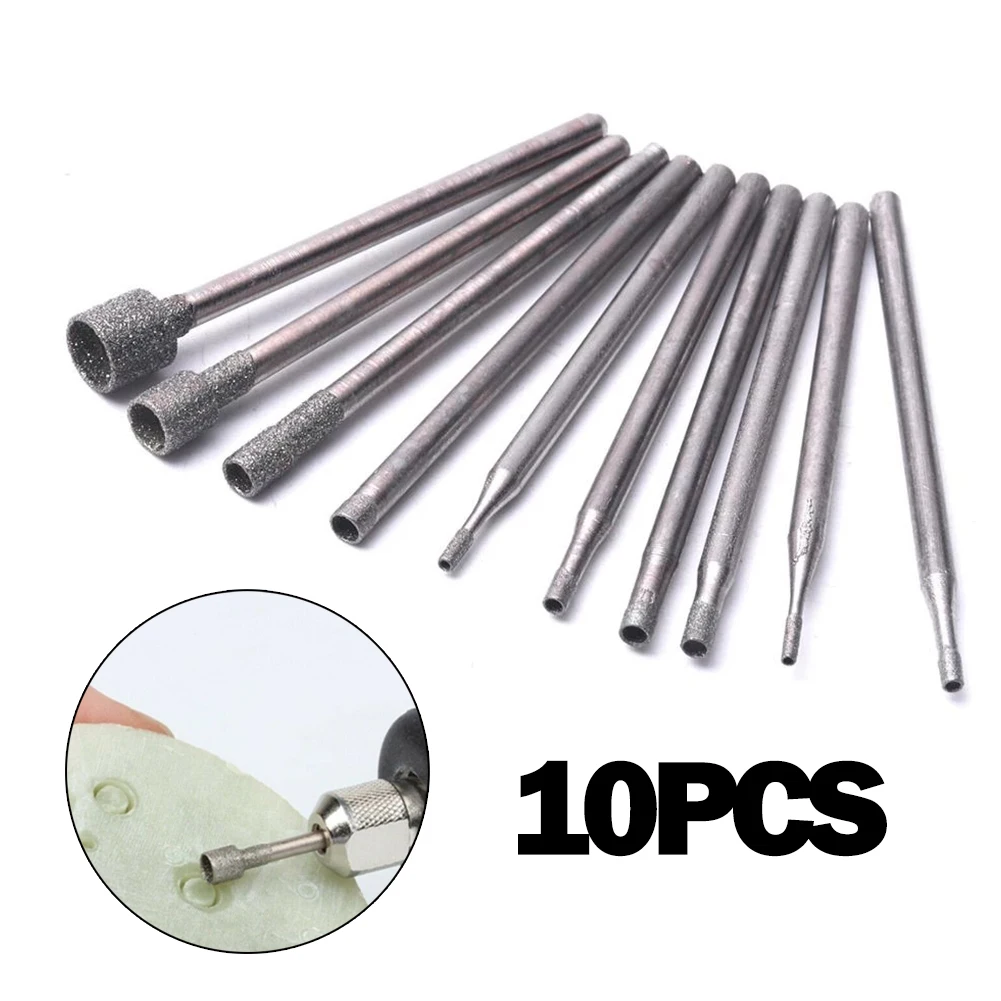 10Pcs Set 0.8-5mm 2.35mm Shank Diamond Burr Core Bits Grinding Head Rotary Tool   Grinding Engraving Drilling Sets