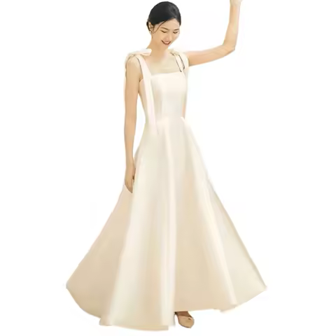 Women Wedding Dress Satin Lace-up Shoulder Strap Bow Square Neck A-line Big Swing Solid Color Sleeveless Elegant Evening Dress