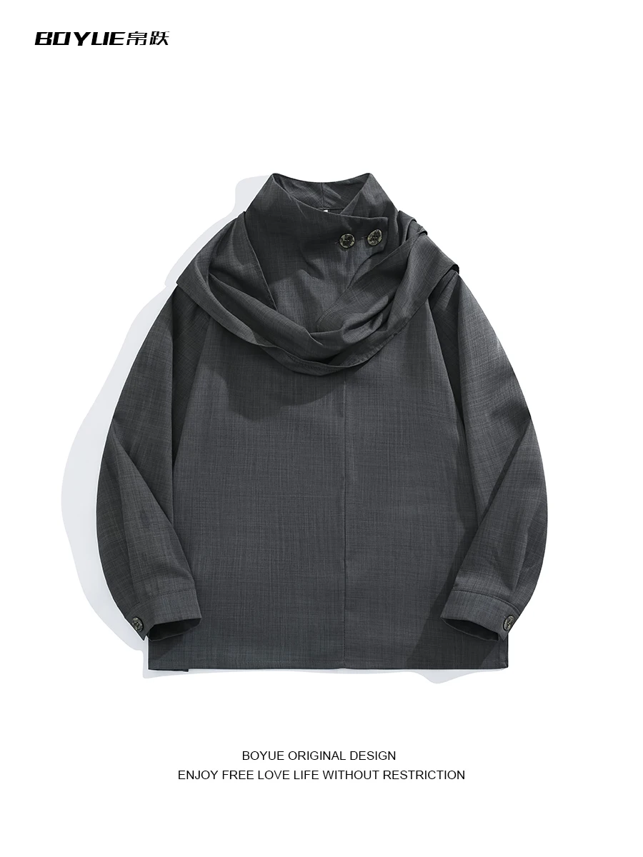 

American Style Fashion Design High Neck Ribbon Scarf Button Up Shirt Minimalist Casual Drape Jacket Top Male Clothing