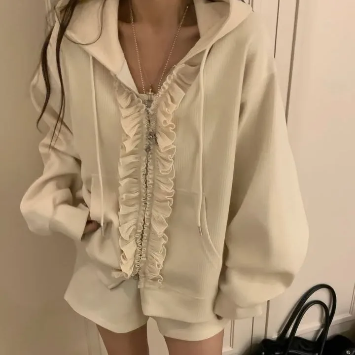 2026 Korean Chic Design Wood Grain  Splicing Hat Sweatshirt Jacket Casual Shorts Two-Piece Set Women's Fashion Autumn Col...