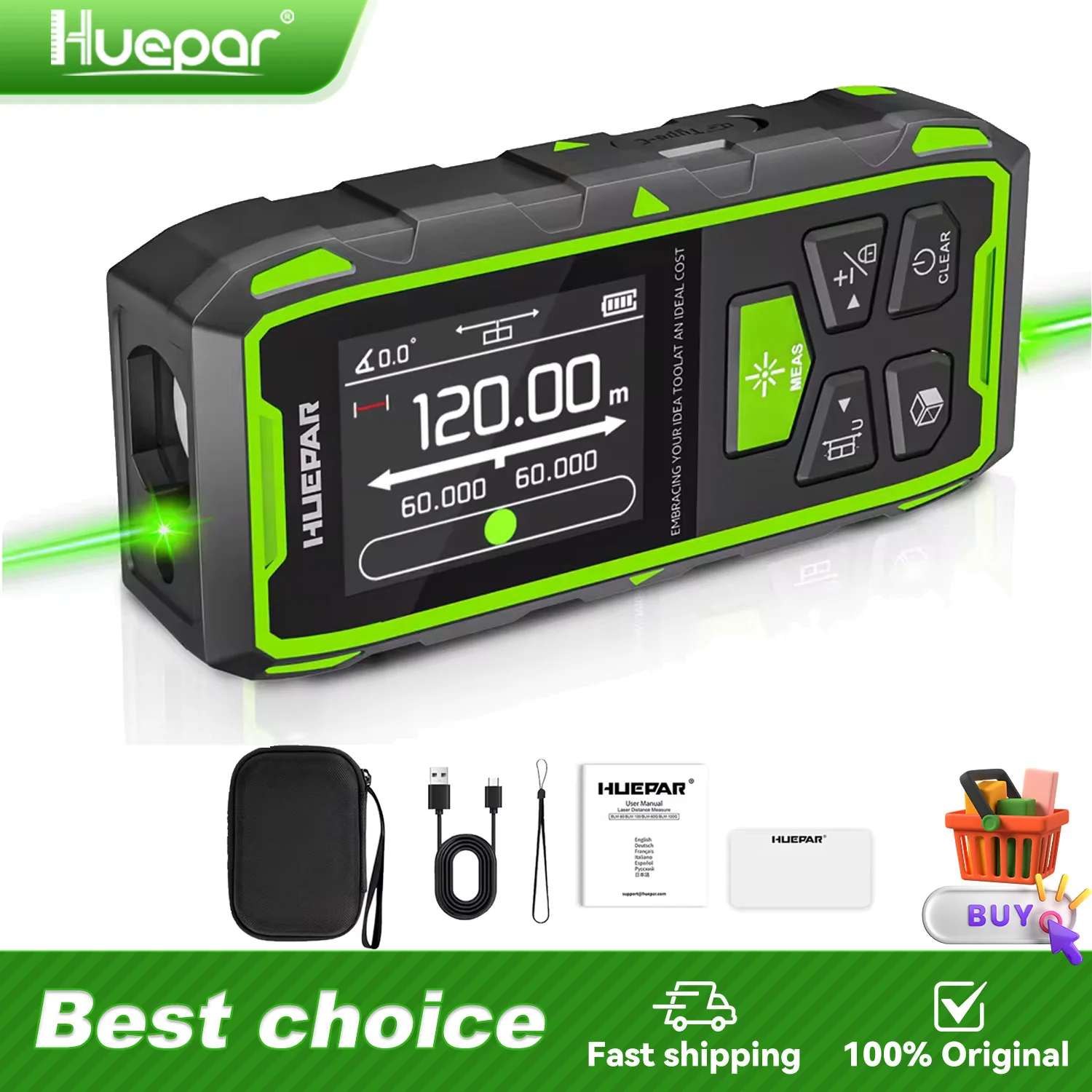 Huepar BLM-60 Dual Laser Rangefinder 120M Green Beam Digital Laser Meter Multiple Unit Measurement Tool With Backlit LCD display