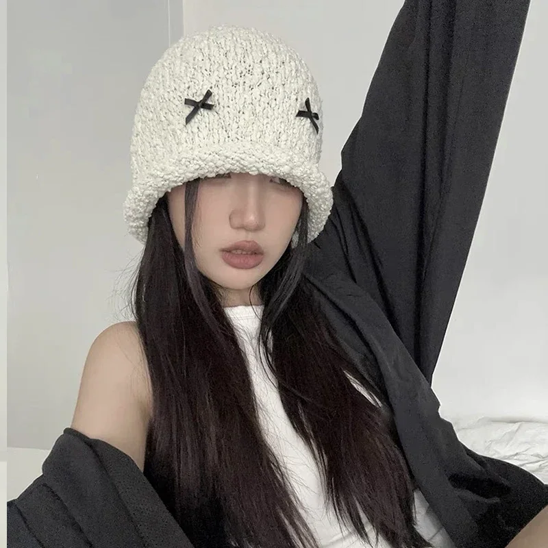 Ins Bow Knot Knitted Beanie Hats Korean Women Fashion Y2k Wool Hat Ear Protection Warm Autumn and Winter Cap Ski Beanie Hats