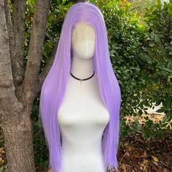 Light Purple Long Straight 13x4 Synthetic Lace Front Wig for Women Fashion Color Glueless Half Hand Tied 150% Density Medium Cap