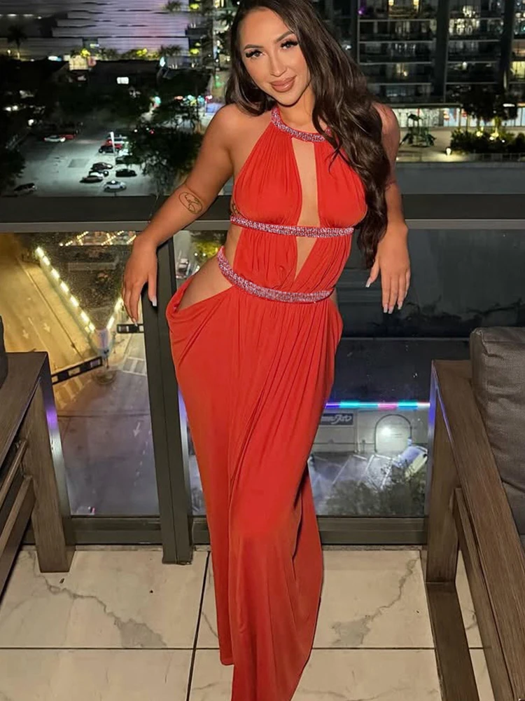 Kliou Sexy Ausgeschnittenes Maxikleid Damen Schnürung Neckholder Rückenfreies Glänzendes Seidenkleid Ärmellos Mitternachtsblaues Abendkleid Gerafftes Elegantes Vestidos – Detail 15