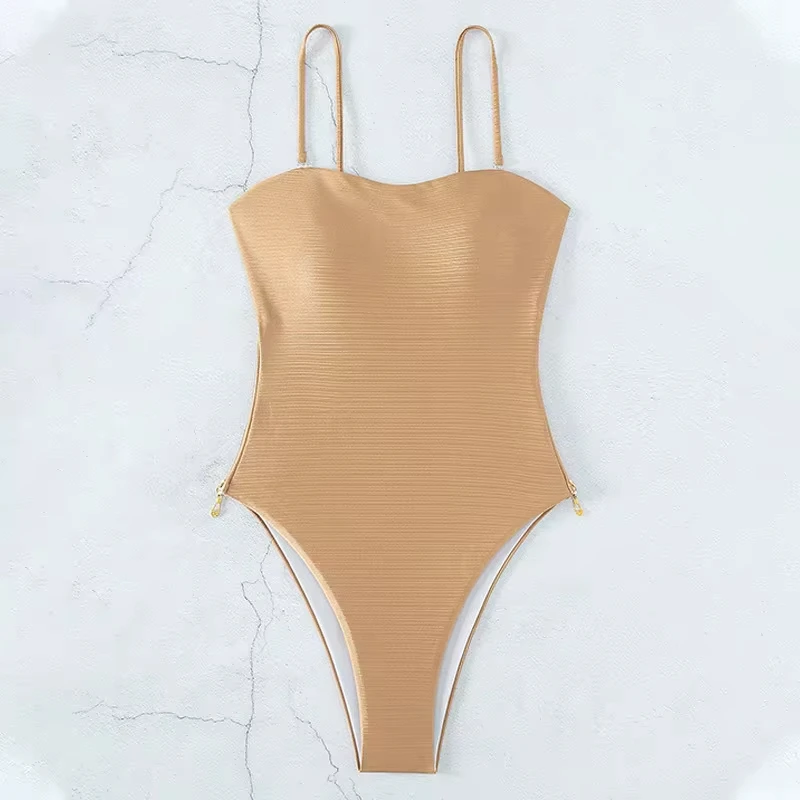 

Sexy Zipper Bikini Gold Sling Swimsuit Y2K Vacation Swimwears Women High Leg Bathing Swimming Suit Beach Outfit Bikinis De Mujer