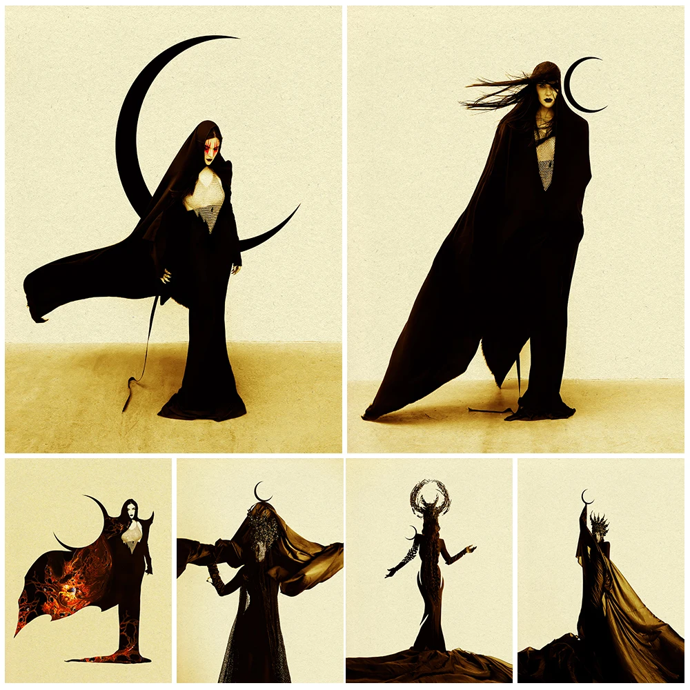 The Black Robed Witch And The Black Crescent Wall Art Canvas Painting Pagan Witch Art Poster Print Witchcraft Worship Decoration