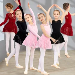 Kid Girl Ballet Dance Leotards Long/Short Sleeve Black Lace Skirt Suit Girls Kids Ice Skating Dress Gymnastics Leotard Dress