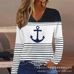 Anchor Print Striped Colorblock V-Neck Long Sleeve Top Women T Shirt Tee Fashion Casual Summer Spring