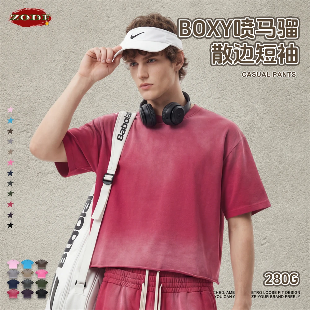 ZODF Retro 2026 Summer Boxyfit Man Monkey Washed T Shirts Unisex 280gsm Distressed 100% Cotton T-Shirt Brand Tees HY1223