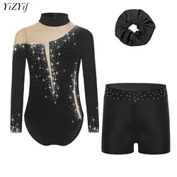 Kids Girls Ballet Dance Leotard With Body Shorts Hair Band Long Sleeve Workout Outfits Gymnastics Jersey Bodysuit Clothes