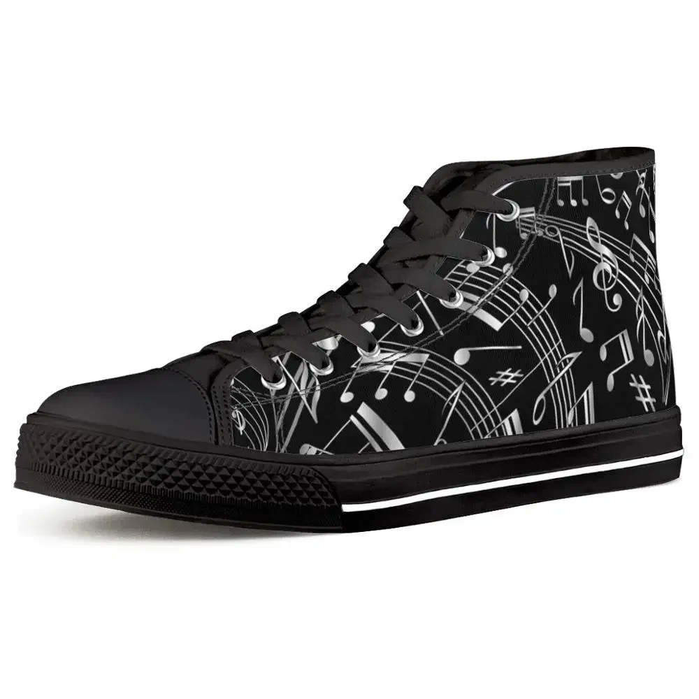 Zapatos de lona con estampado de notas musicales negras para hombres, zapatillas clásicas vulcanizadas, zapatillas planas para adolescentes y parejas