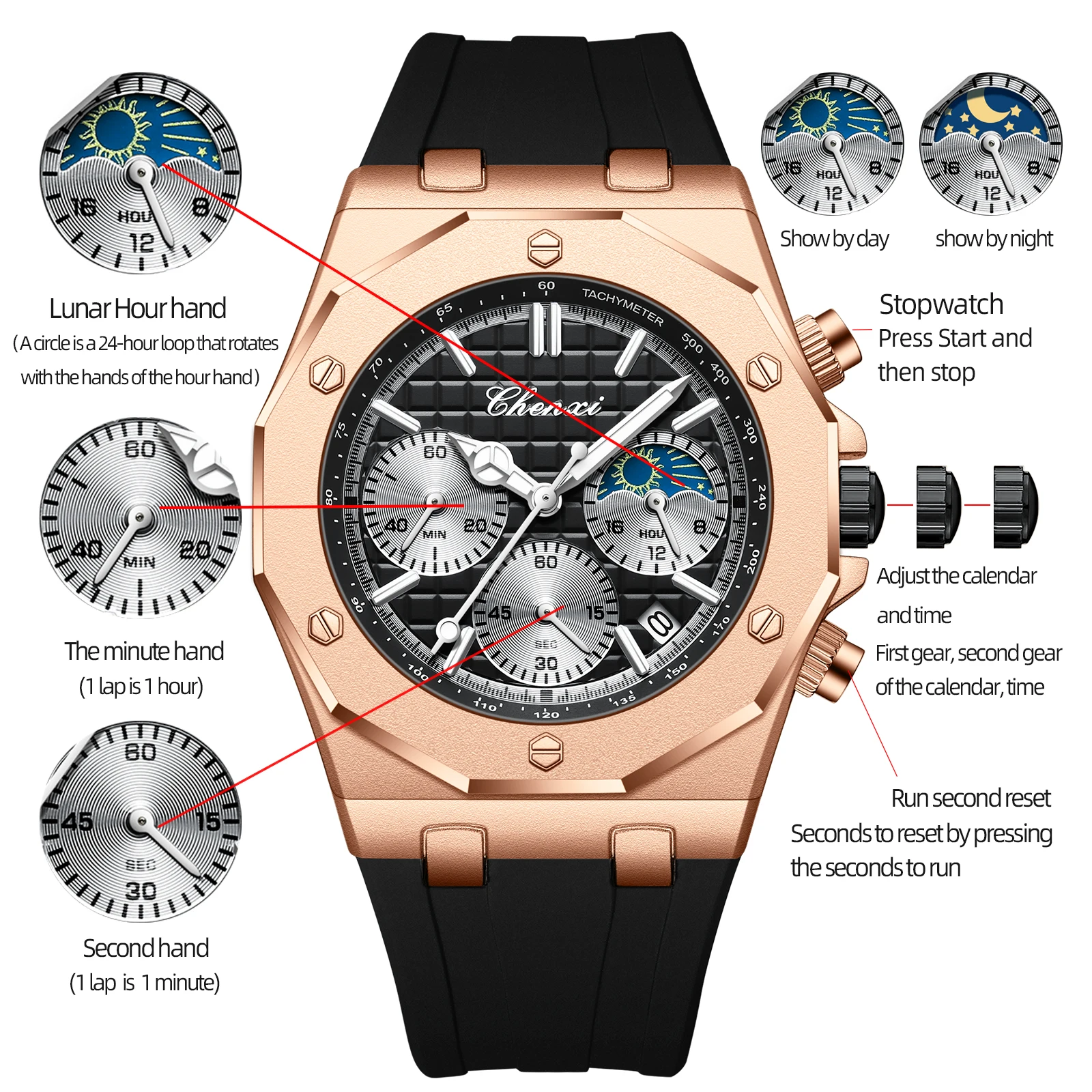 CHENXI 968 Fashion Men's Watch Quartz Waterproof Sports Silicone Strap Chronograph Calendar Night Light Watches for Man Reloj