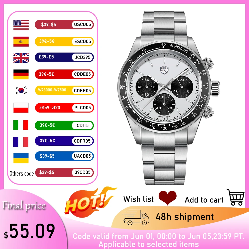 

RollsTimi 2024 New Luxury Men Watch Quartz Business Men's Watch Sapphire TMIVK63 Movement Stainless Steel Waterproof Chronograph