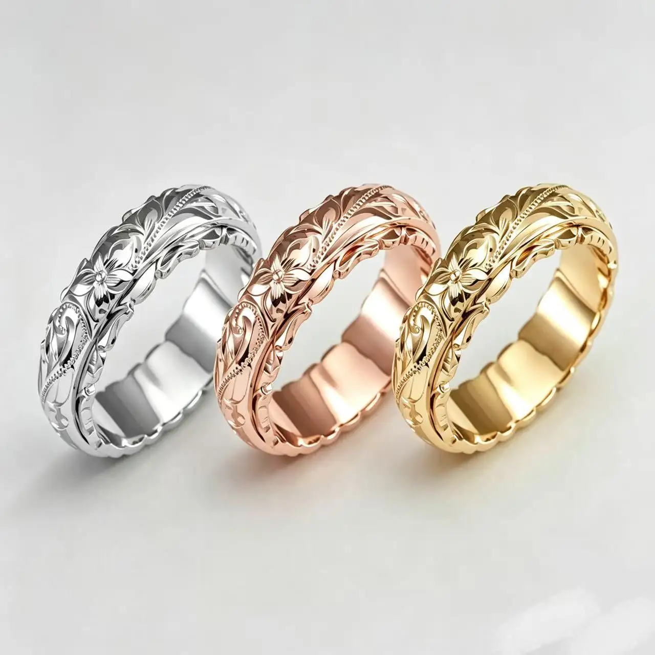 Gold plated floating carved rose flower rings, retro wedding anniversary gifts ring for European and American women