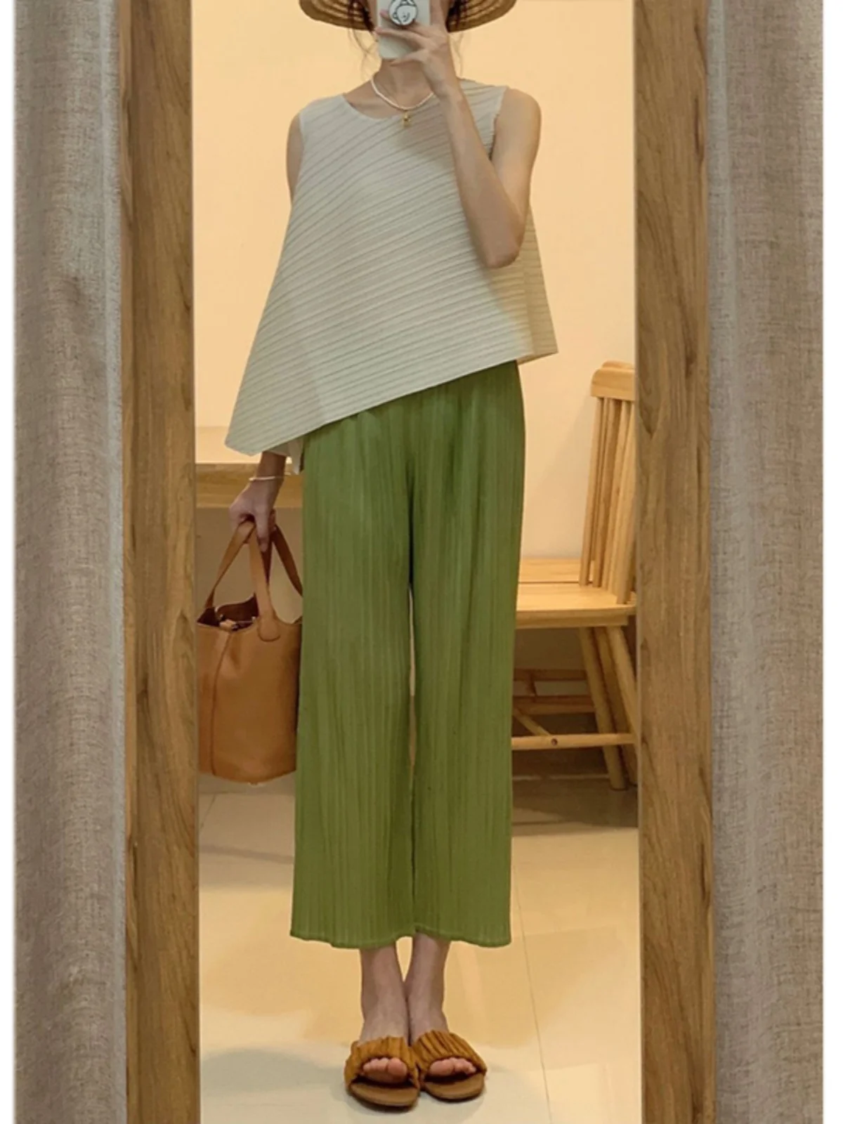 아세테이트 플리츠 와이드 레그 팬츠 여성용 9부 얇은 루즈핏 스트레이트 캐주얼 바지 하이웨이스트 여름 패션