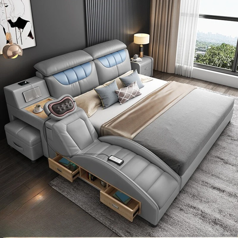 

Tatami bed Master bedroom Queen Intelligent massage Double leather Multifunctional wedding bed