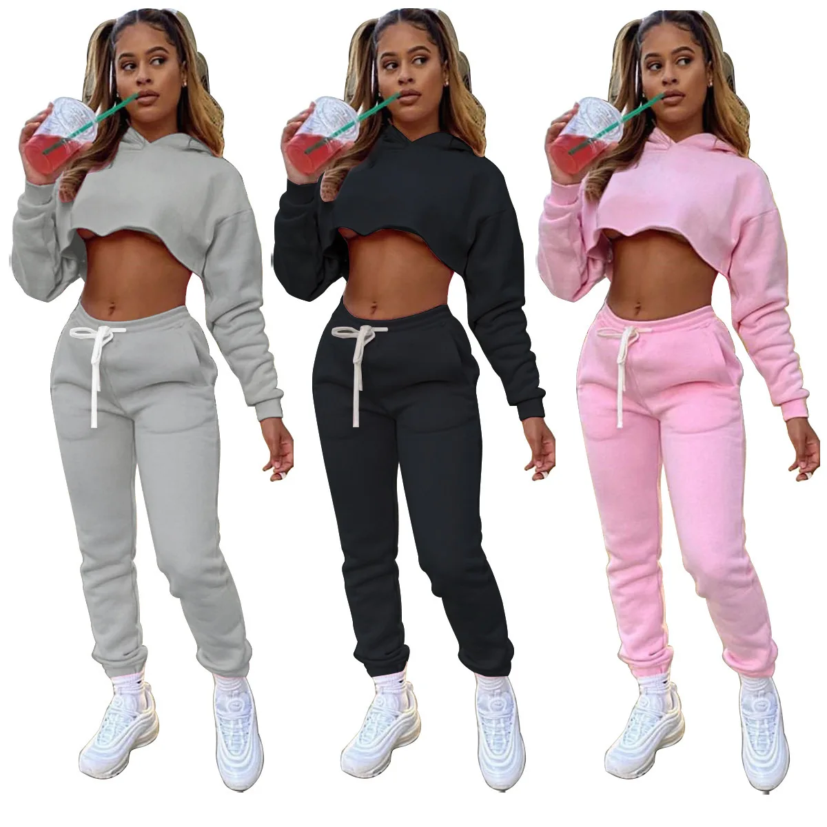 Autumn and Winter Women's Sweater Solid Color Two-piece Set Piled and Thickened Casual Sports Suit for Women