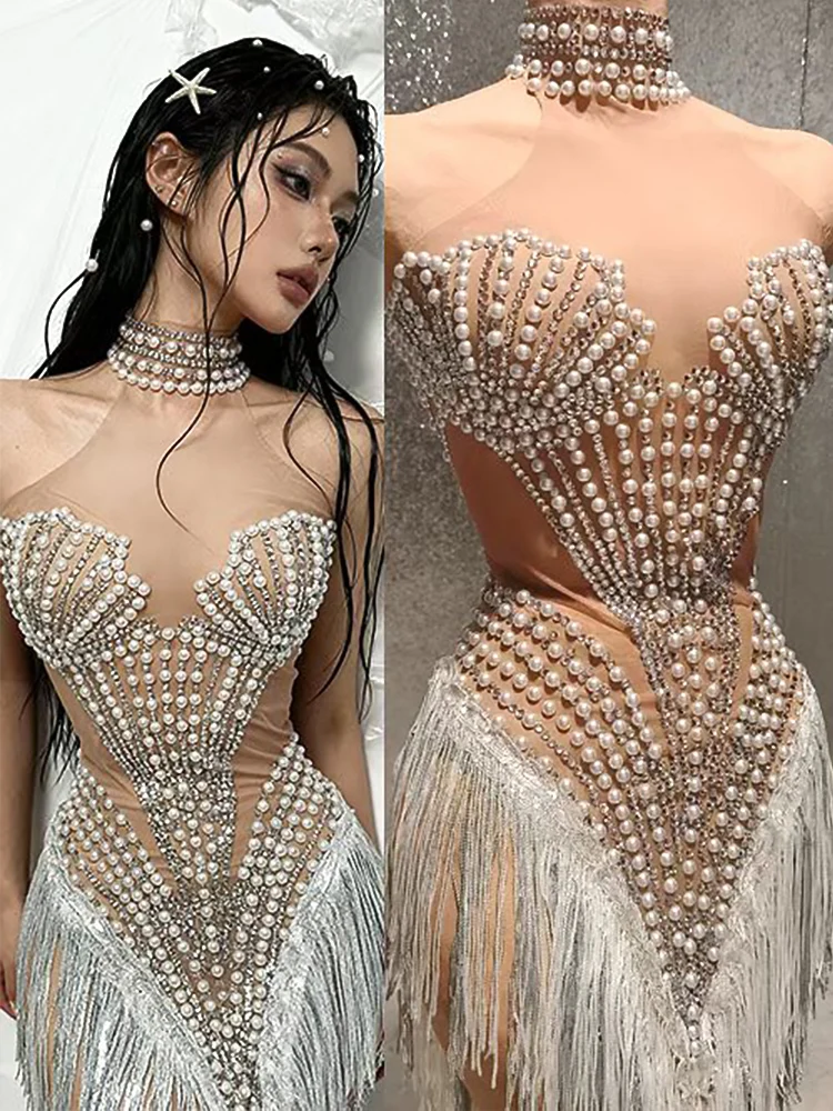 

Sparkly White Rhinestone Pearls Tassel Sexy Mesh See-Through Skirt Women Latin Dance Outfits Dress Nightclub Party Stage Costume