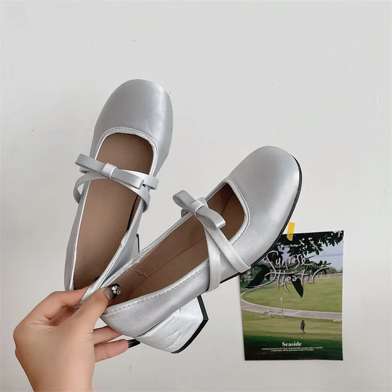 

Women Chunky Heel Shoes New Fashion Bowknot Strap Mid Heels Women Mary Jane Shoes Dress Shallow Mouth Ladies Ballet Shoes