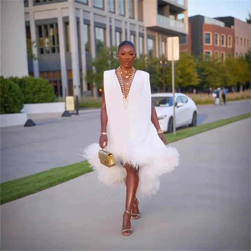 

Elegant Feather-Embellished Evening Gown For Women