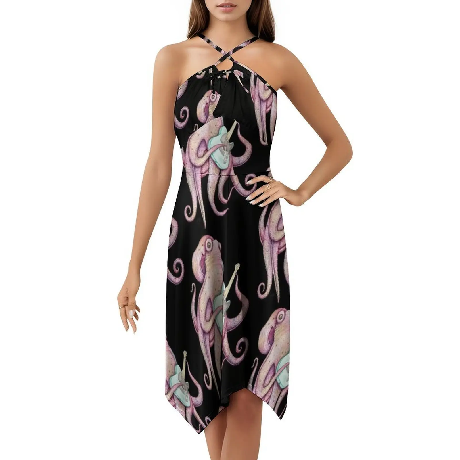 فستان بوهيمي عتيق من Polah-The Ax Welding Octopus-Purple بأكمام منتفخة أو خيارات بدون أكمام للنساء فستان الأخطبوط #5