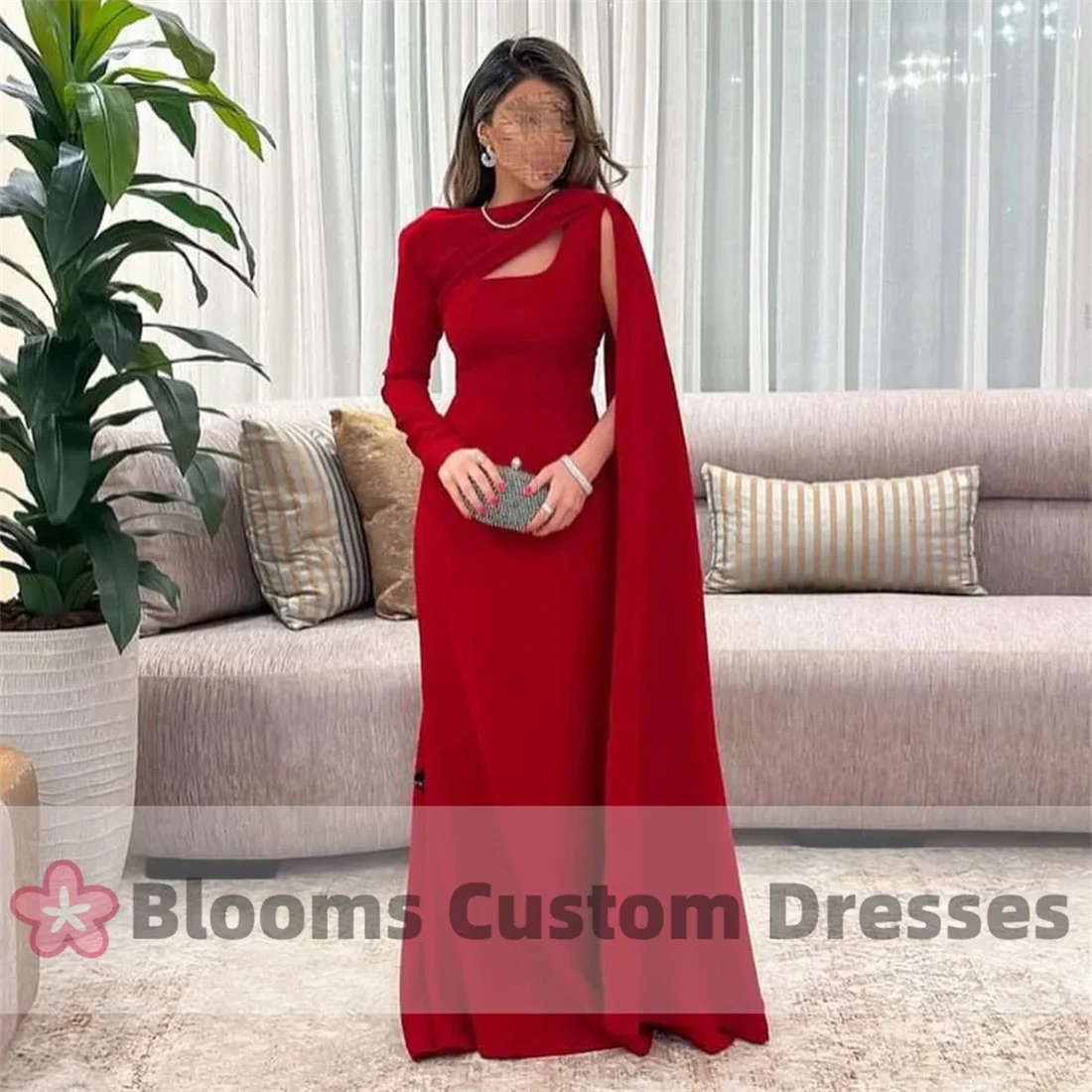 Blooms Red Cape Long Sleeve Saudi Elegant Women Prom Dresses For Special Occasion Floor-length Party Customized Evening Dress