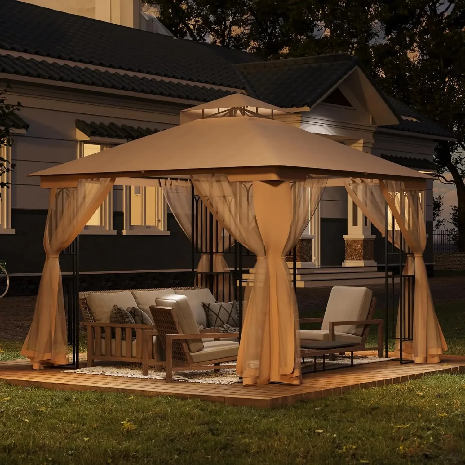 

Sturdy Metal Gazebo with Mosquito Netting, Pop Up Tent[Heavy Duty Frame],Outdoor Canopy Tent with Double Air Roofs