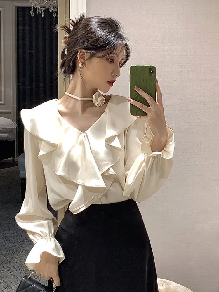 Autumn White Bow Design Blouse Women V Neck Y2k French Vintage Elegant Harajuku Tops Female Solid Korea Fashion Chic Clothes