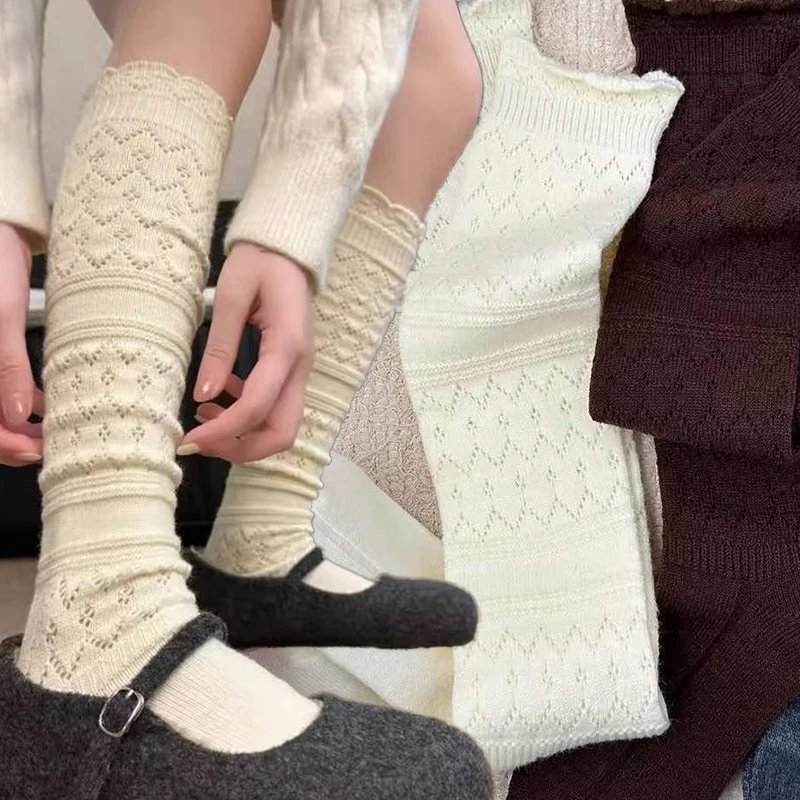 

Вязаные ажурные носки-ботфорты в стиле Харадзюку, длинные хлопковые носки-чулки, однотонные, зимние теплые, длинные, вязаные крючком