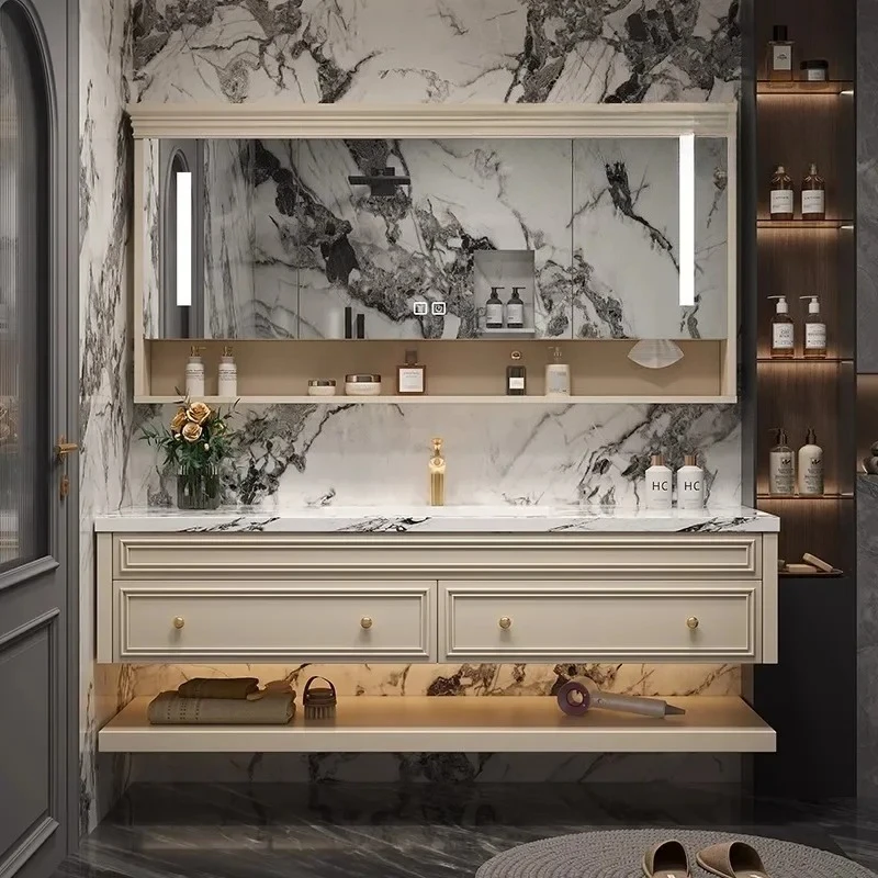 

Light luxury American bathroom cabinet,rock slab ceramic seamless basin combination, oak washstand, hot bending integrated basin