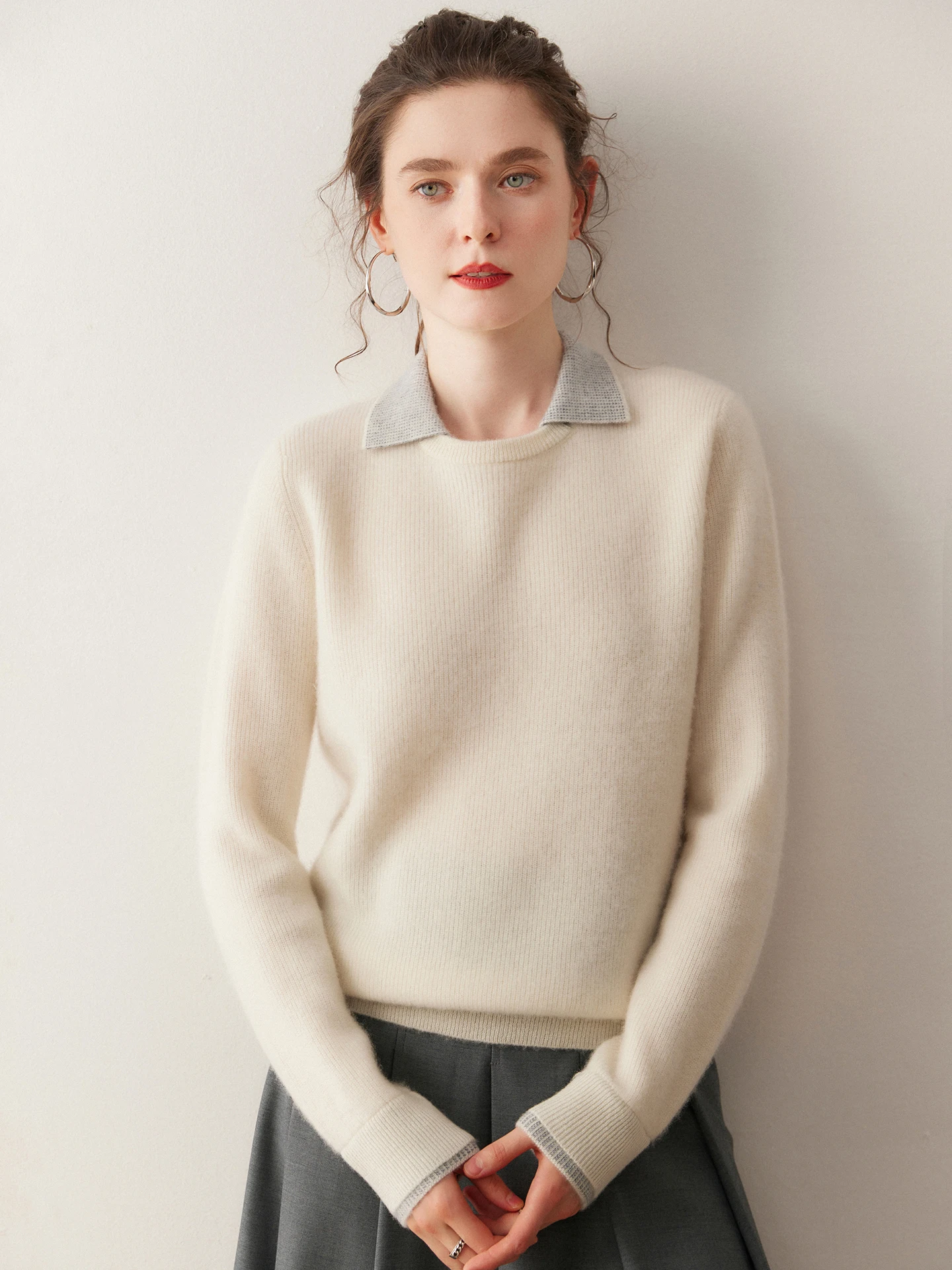 

TLOML Women's 100% Cashmere Sweater Shirt Collar False Two-piece Pullover Knitwear Autumn Winter Soft Simple Style Cashmere Tops