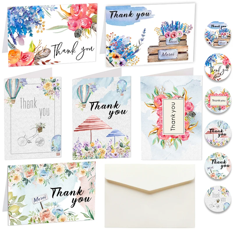 6Sets Floral Thank You Cards with Envelopes & Stickers Assorted Blank Inside Folding Card Wedding Party Invitation Greeting Card