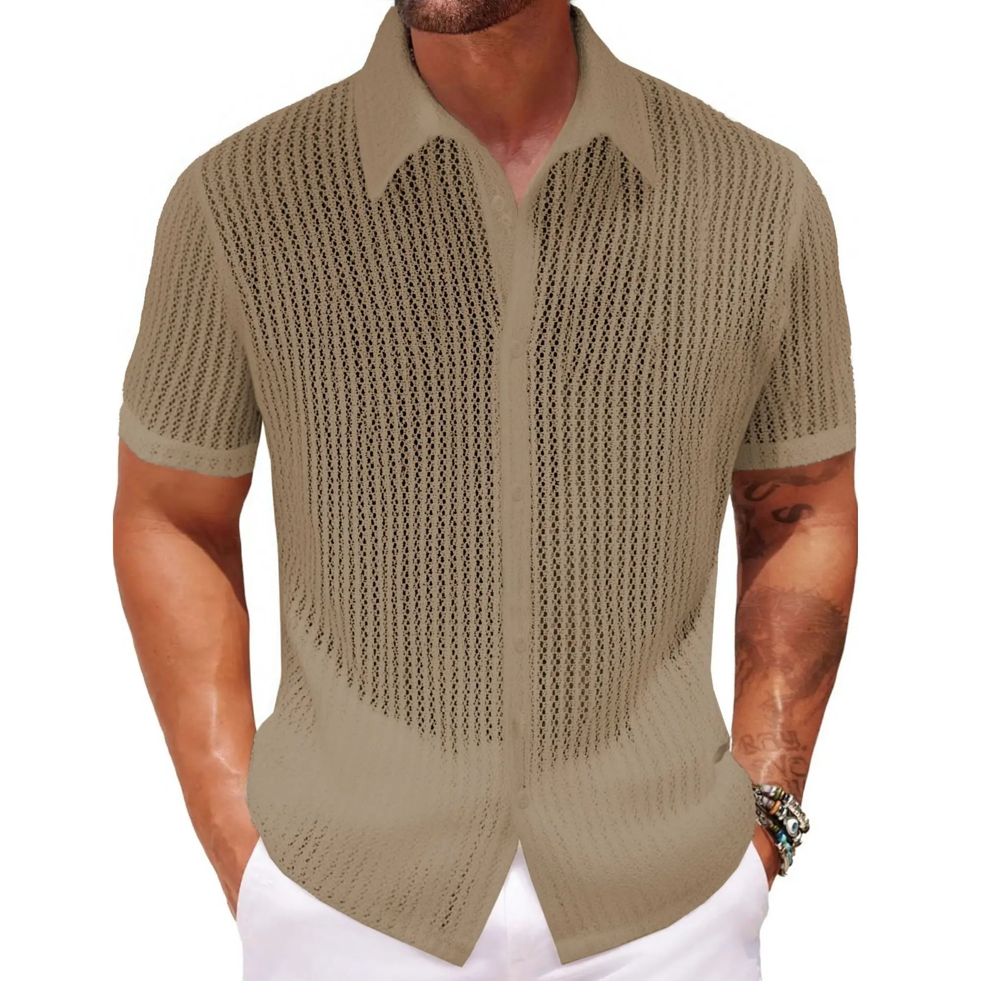 Pop Summer New Fashion Men’s Solid Color Knitted Breathable Short Sleeve Turn-down Collar Shirts Hollowed Out Casual Trendy Shir