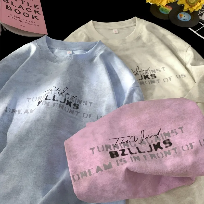 

Harajuku Style Tie-dye T-shirt 2025 Summer New Round Neck T-shirt Korean Trend Short-sleeved Letters Printed Men's T-shirt Tops