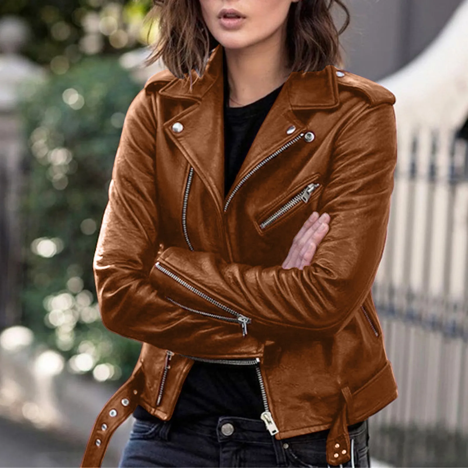 

Autumn Short Jacket Solid Female Moto Biker Jackets Thin Ladies Cool Faux Leather Jacket Slim Short Leather Outwear For Women