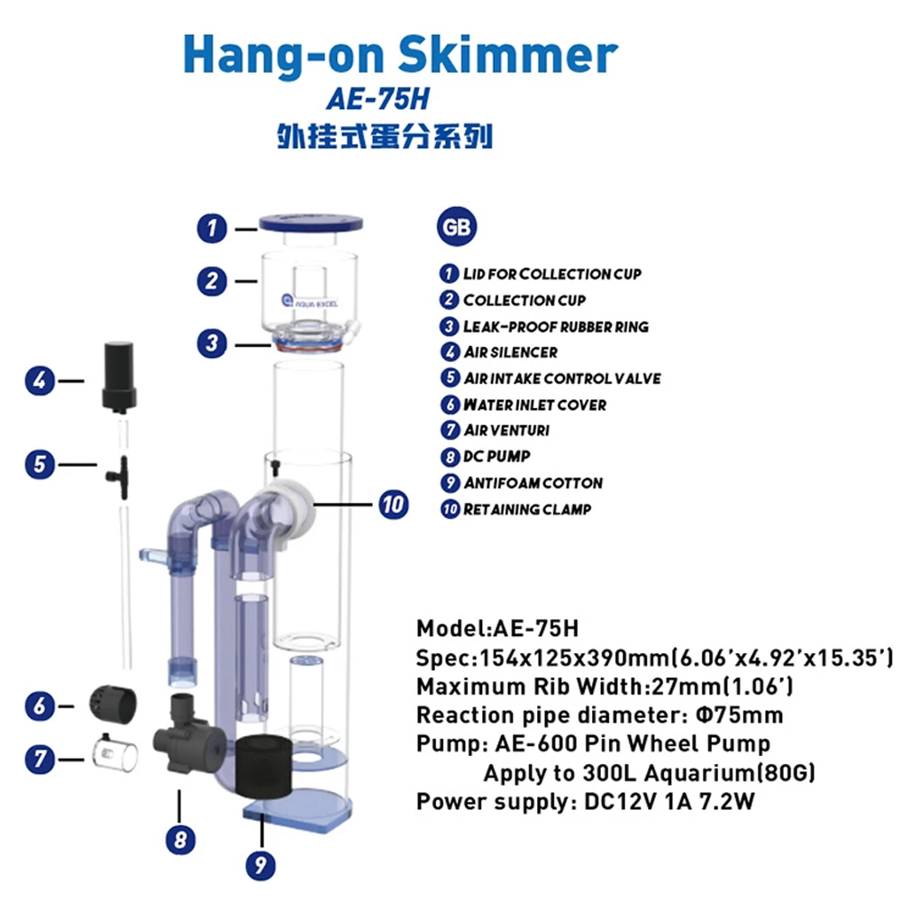 AQUA EXCEL AE-75H/100H Hang-on Protein Skimmer Aquarium Filter