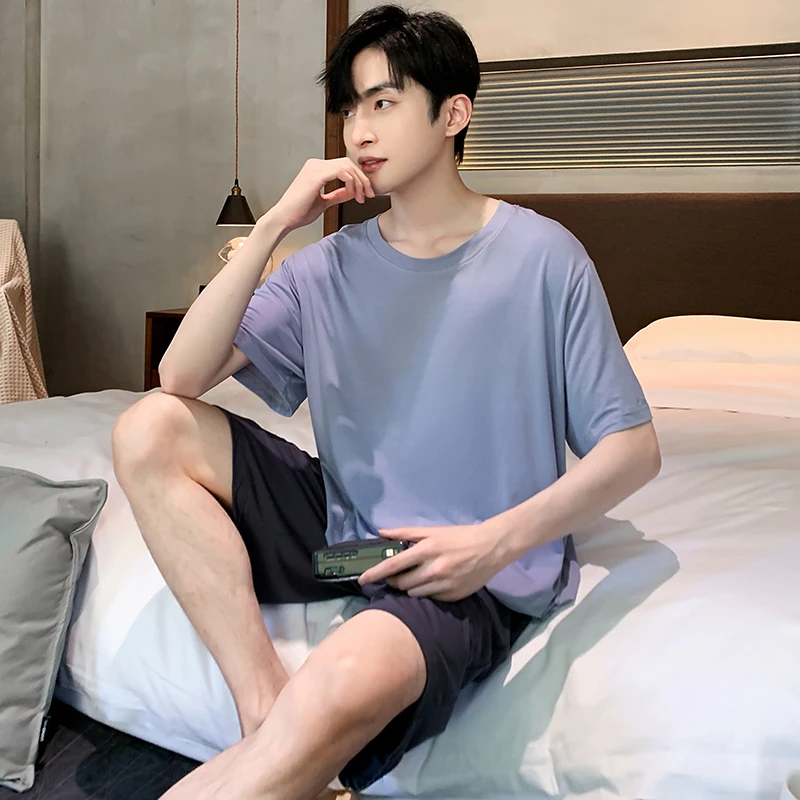 Summer pajamas men\'s modal cotton thin short sleeved shorts casual simple two-piece round neck pullover men\'s home clothes set