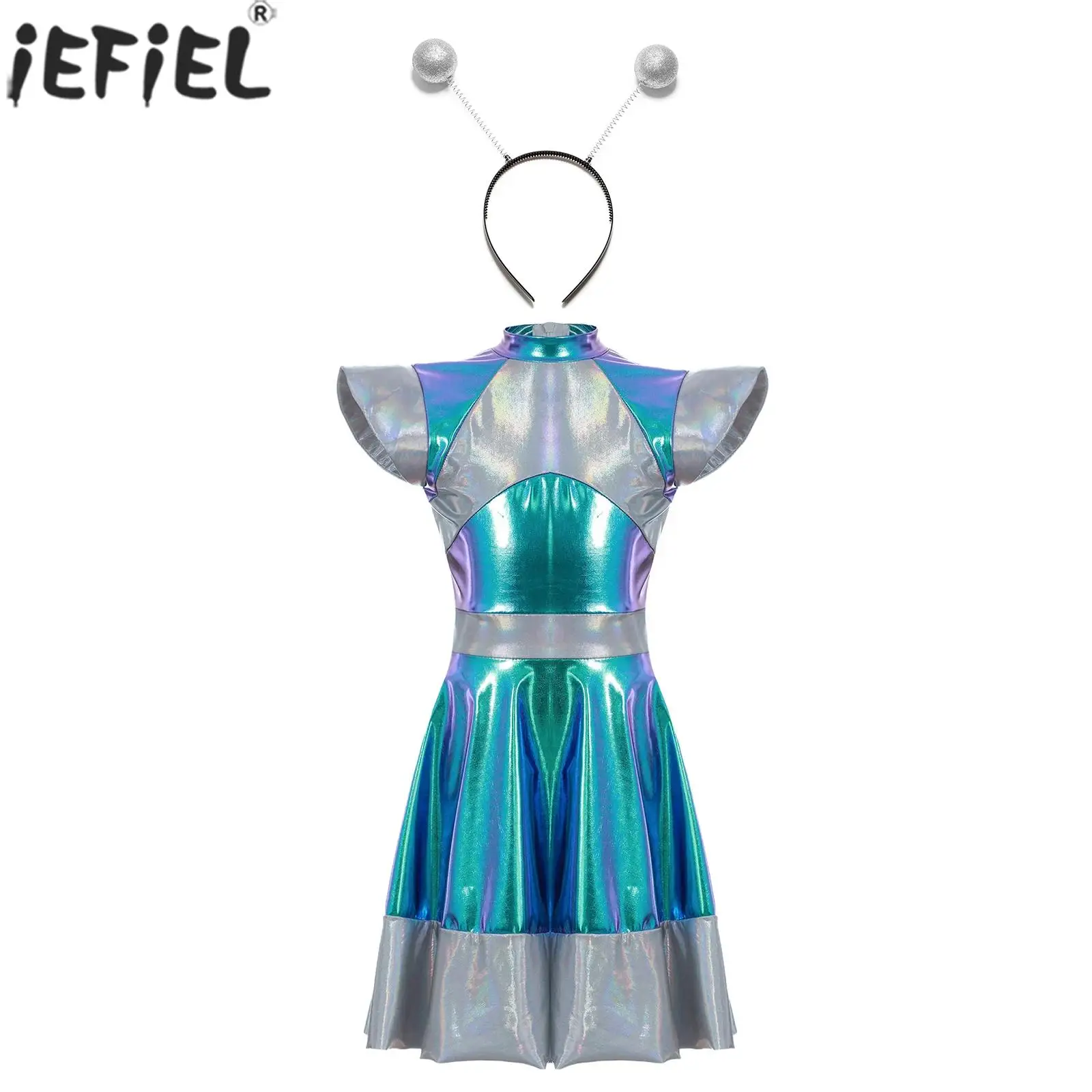 Kids Girls Halloween Carnival Alien Cosplay Performance Costume Cap Sleeve Metallic Shiny Outer Space Cutie Dress with Hair Hoop