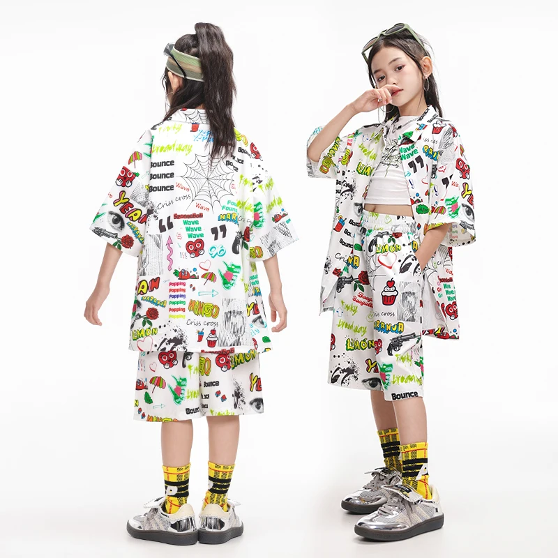 Kids Hip Hop Short Sleeve Floral Print Shirt Casual Shorts Streetwear for Girl Boy Cargo Pants Jazz Dance Costume Stage Clothes