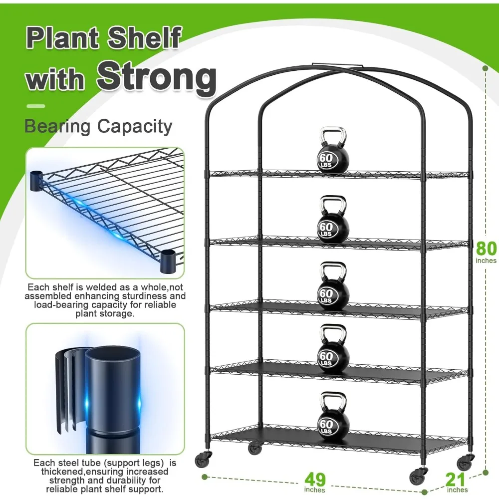 5-Tier Greenhouse with Grow Light, Shelf Height Adjustable Metal Plant Shelf Includes 5-Pack 2900K Full Spectrum Plant Lights