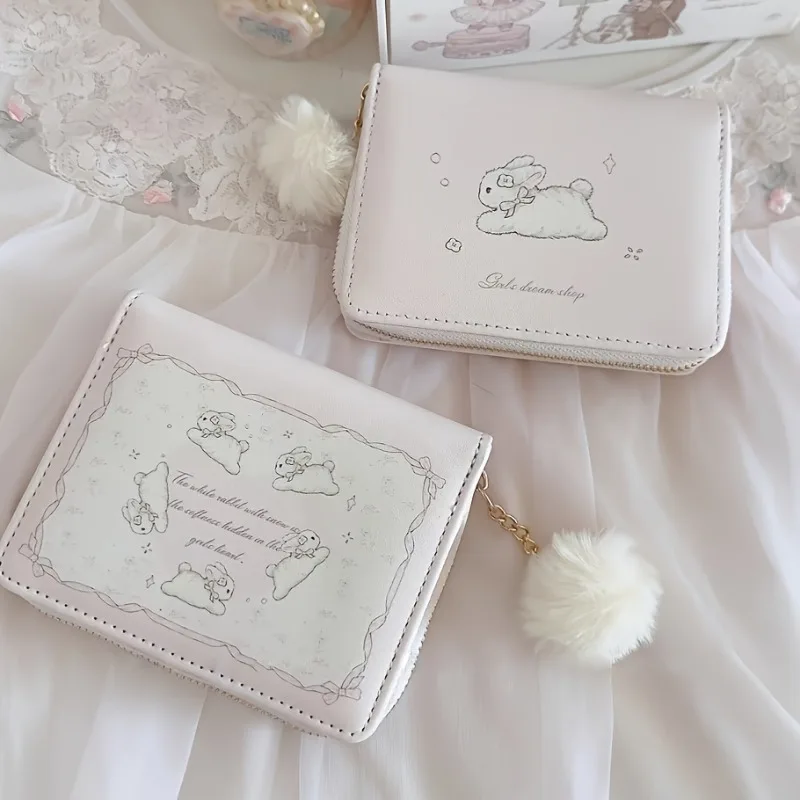Cute Rabbit Cartoon Pattern Pink and White Bi-Fold Wallet with Gold Snap Closure, Multi-Card Slot Design, and Detachable Fur Ball Chain——Stylish Women's Student Id Card Holder, Cute Wallet, Student Accessory